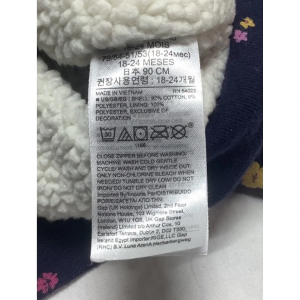 Girls GAP Navy Floral Fleece Lined Sweatshirt Size 18-24 Months Full Zip hooded